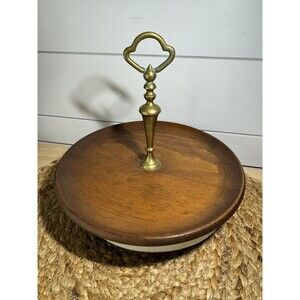 VTG Teak Wood Brass Trinket Sandwich Serving Tray- MCM